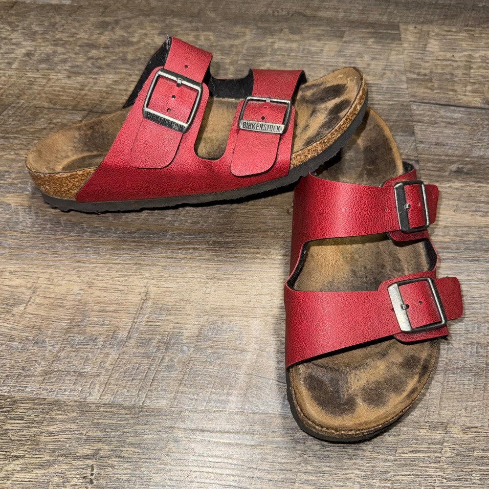 Birkenstock Arizona Red Birko-Flor Two Strap Buckle Sandals Size 36 Womens 5-5.5